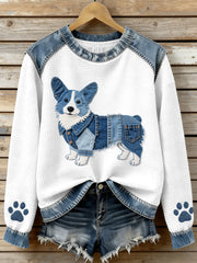 Women's Lovely Corgi Pattern Denim Patchwork Waffle Sweatshirt