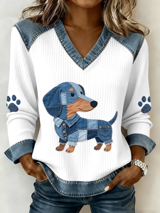 Women's Lovely Dachshund Pattern Denim Patchwork V-Neck Top