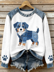Women's Lovely Australian Shepherd Pattern Denim Patchwork Waffle Sweatshirt