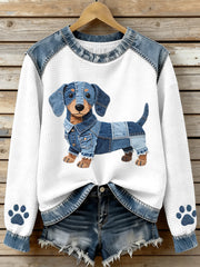 Women's Lovely Dachshund Pattern Denim Patchwork Waffle Sweatshirt