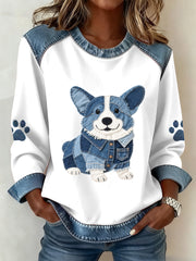Women's Lovely Corgi Pattern Denim Patchwork Sweatshirt