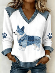 Women's Lovely Corgi Pattern Denim Patchwork V-Neck Top