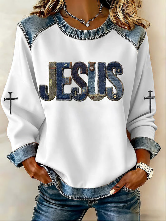 Women's Jesus Cross Denim Patchwork Top