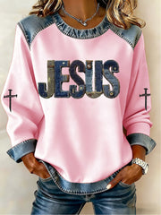 Women's Jesus Cross Denim Patchwork Top
