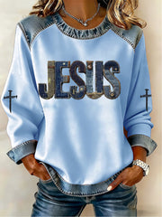 Women's Jesus Cross Denim Patchwork Top