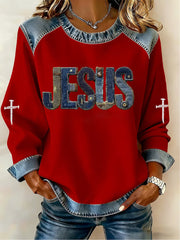Women's Jesus Cross Denim Patchwork Top