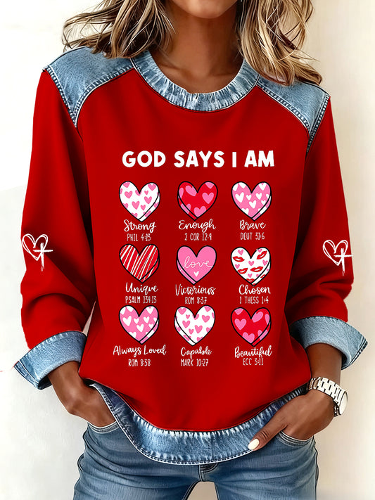Women's God Says I Am Valentine Denim Patchwork Top