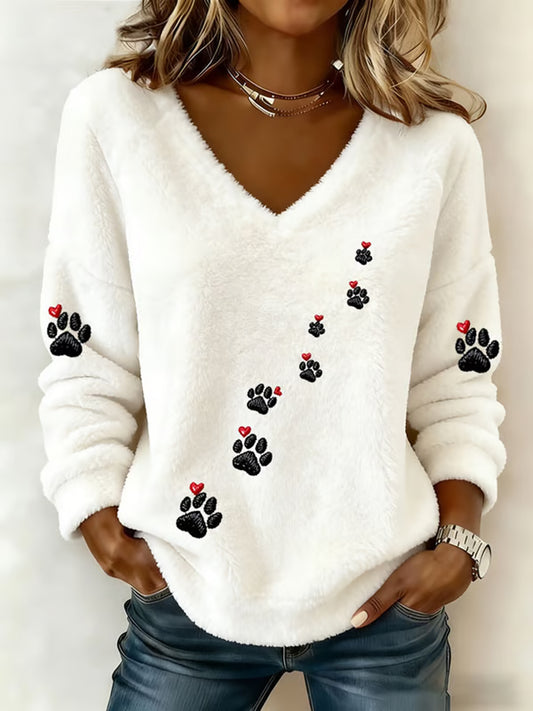 Women's Cute Cat Heart And Paws Flannel V-Neck Top