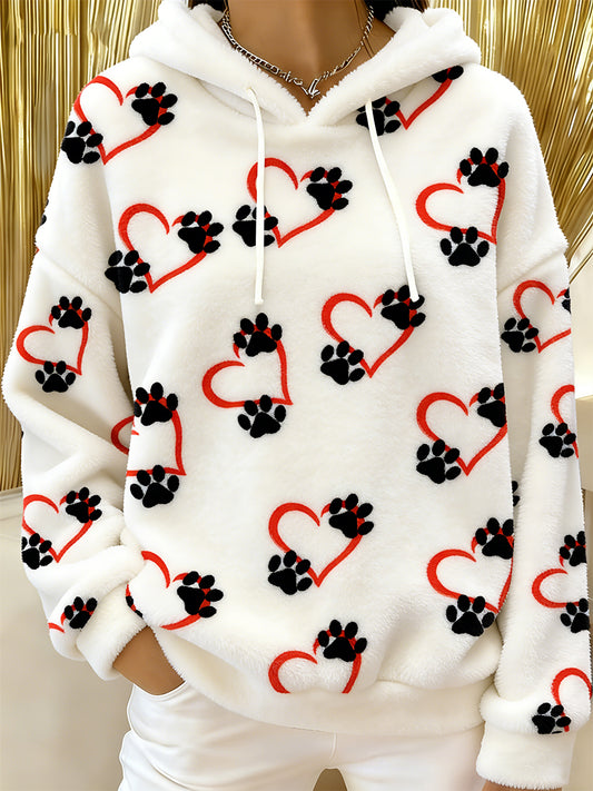Women's Cute Cat Heart And Paws Flannel Hoodie