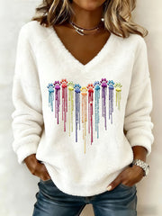 Women's Colorful Dog Heart Paw Flannel V-Neck Top