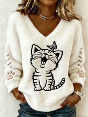 Women's Cute Cat  And Paws Flannel  V-Neck Top