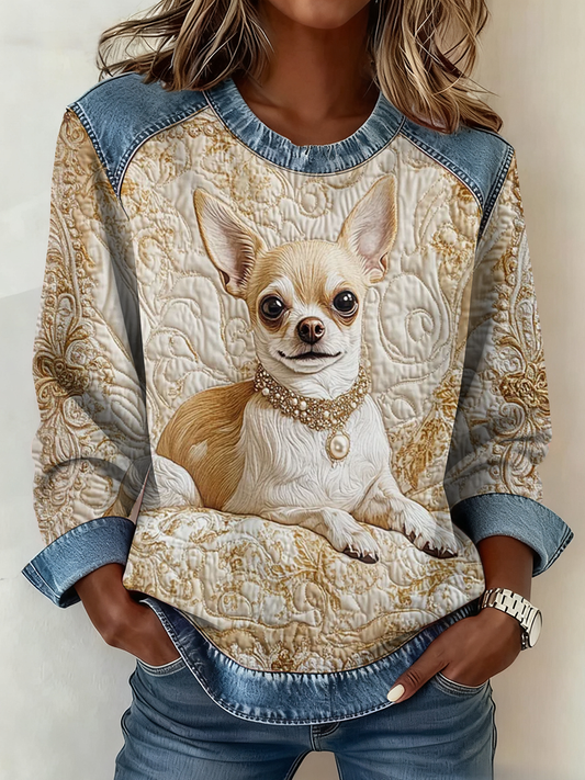 Women's  Chihuahua Printed Denim Patchwork Top