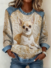 Women's  Chihuahua Printed Denim Patchwork Top