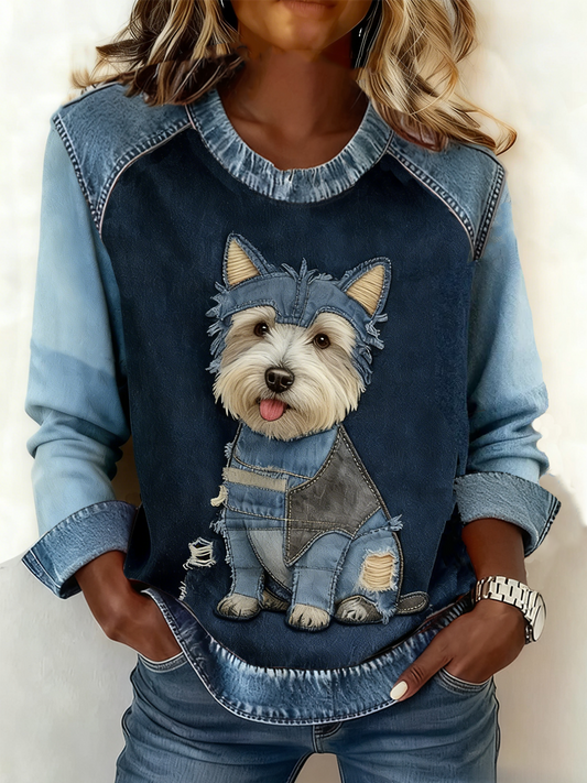 Women's Retro Animal Art Print Comfortable Denim Patchwork Top