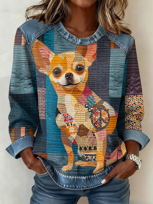 Women's  Chihuahua Printed Denim Patchwork Top