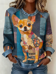 Women's  Chihuahua Printed Denim Patchwork Top