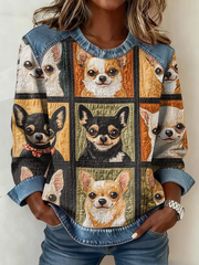 Women's  Chihuahua Printed Denim Patchwork Top