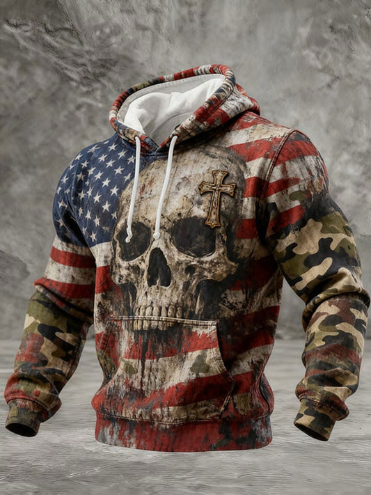 Men's Retro Skull Faith American Flag Art Oversized Drop-Shoulder Hoodie With Pockets