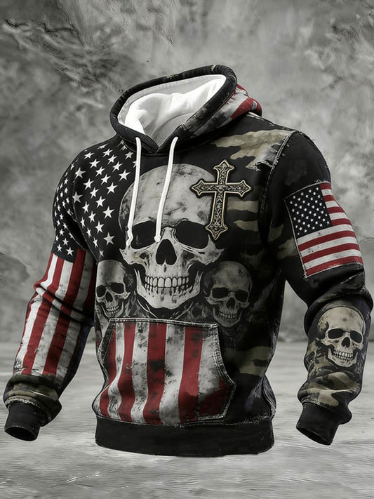 Men's Retro Skull Faith American Flag Art Oversized Drop-Shoulder Hoodie With Pockets