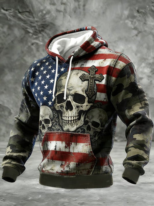 Men's Retro Skull Faith American Flag Art Oversized Drop-Shoulder Hoodie With Pockets