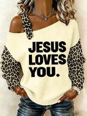 Women's Jesus Loves You Leopard Print Casual Off-Shoulder Top