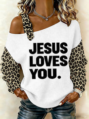 Women's Jesus Loves You Leopard Print Casual Off-Shoulder Top