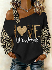 Women's Jesus The Way The Truth The Life Leopard Print Casual Off-Shoulder Top