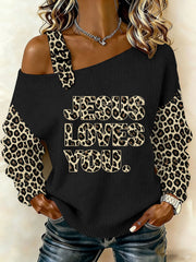Women's Jesus Loves You Leopard Print Casual Off-Shoulder Top