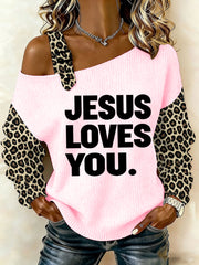 Women's Jesus Loves You Leopard Print Casual Off-Shoulder Top