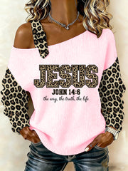 Women's Jesus The Way The Truth The Life Leopard Print Casual Off-Shoulder Top