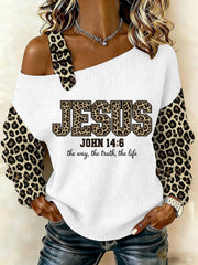 Women's Jesus The Way The Truth The Life Leopard Print Casual Off-Shoulder Top
