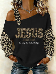 Women's Jesus The Way The Truth The Life Leopard Print Casual Off-Shoulder Top