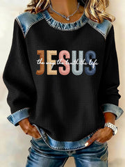 Women's The Way The Truth & The Life John 14:6 Denim Patchwork Top