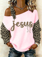 Women's Jesus Leopard Print Casual Off-Shoulder Top