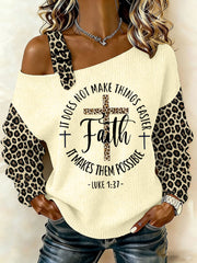 Women's Faith Makes It Possible Leopard Print Casual Off-Shoulder Top