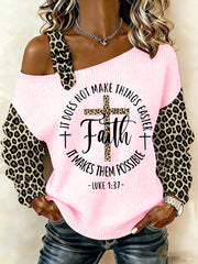 Women's Faith Makes It Possible Leopard Print Casual Off-Shoulder Top