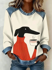 Women's Retro Cute Dog Coffee Print Denim Patchwork Top