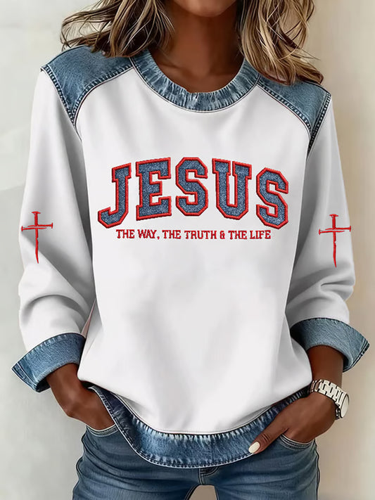 Women's The Way The Truth & The Life John 14:6 Denim Patchwork Top