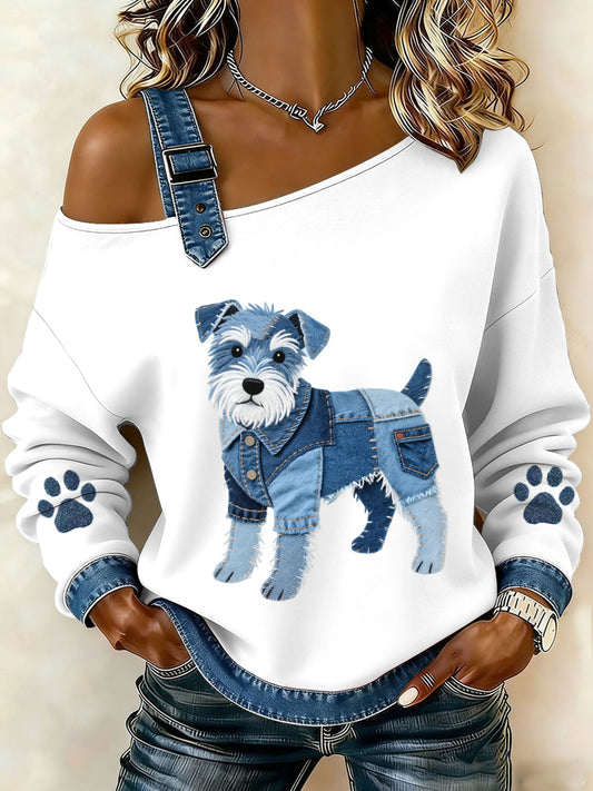Women's Lovely Schnauzer Dog Pattern Denim Patchwork Top