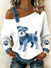 Women's Lovely Schnauzer Dog Pattern Denim Patchwork Top