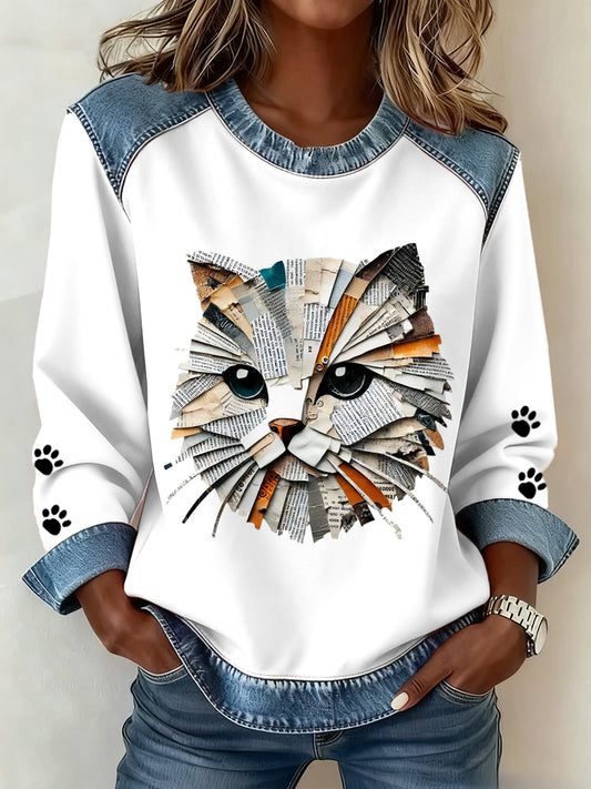 Women's Cat Paws Art Printed Denim Patchwork Top