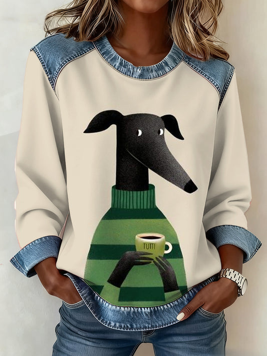 Women's Dog Coffee Art Denim Patchwork Top