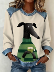 Women's Dog Coffee Art Denim Patchwork Top