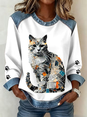 Women's Cat Paws Art Printed Denim Patchwork Top