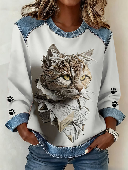 Women's Cat Paws Art Printed Denim Patchwork Top