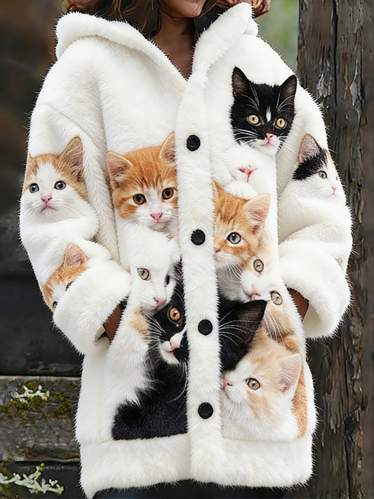Women's Flannel Cute Cats Print Coats