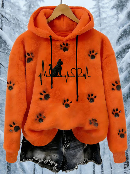 Women's Flannel Cat Paws Print Hoodie
