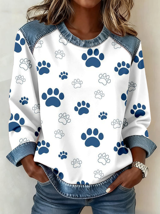 Women's Blue Paw Print Denim Patchwork Sweatshirt