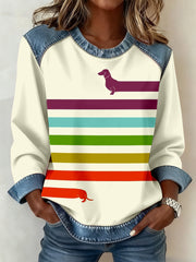 Women's Dachshund Art Print Denim Patchwork Sweatshirt