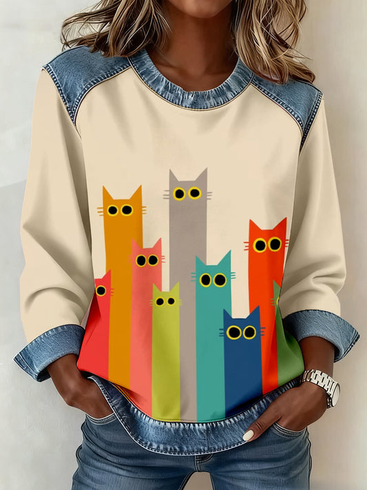 Women's Cute Cat Print Denim Patchwork Sweatshirt
